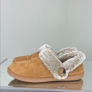 Skechers Cozy Faux Fur Trim Slipper Shoes Brown Suede Slip-On Ladies Size 8